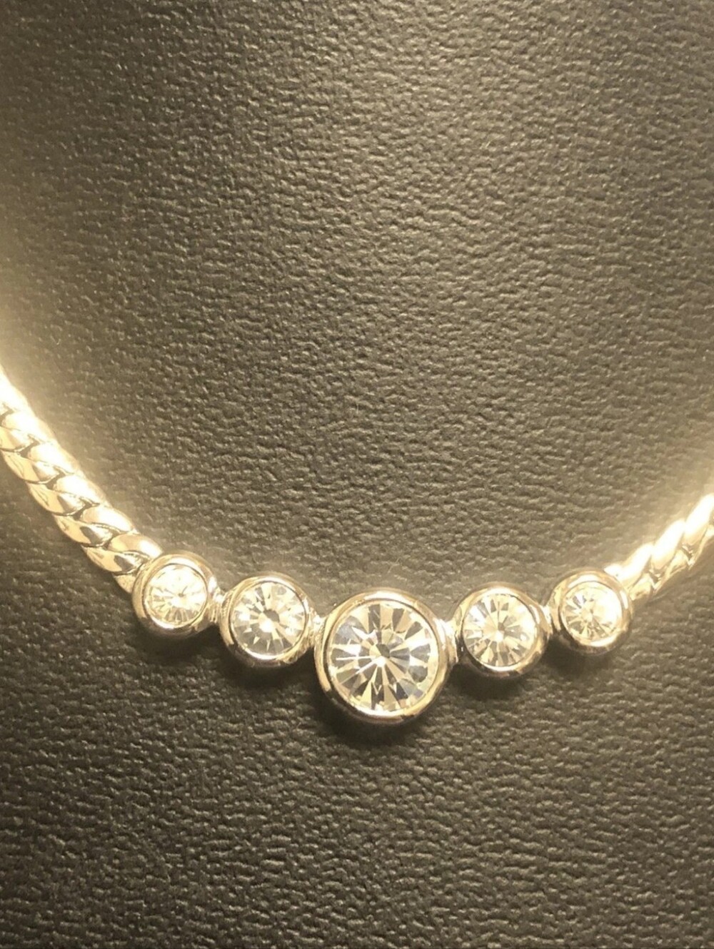 CHRISTIAN DIORVTG SIGNED SILVER TONE RHINESTONES HERRINGBONE NECKLACE/ STUNNING